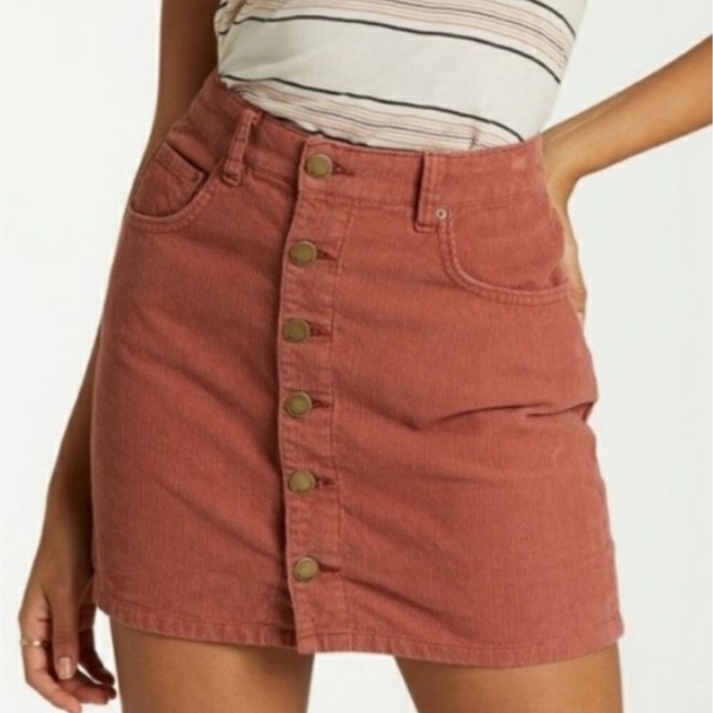 BILLABONG Corduroy Button Front Mini Skirt | Rust Pink Burnt Orange | Size 2 - Picture 1 of 14